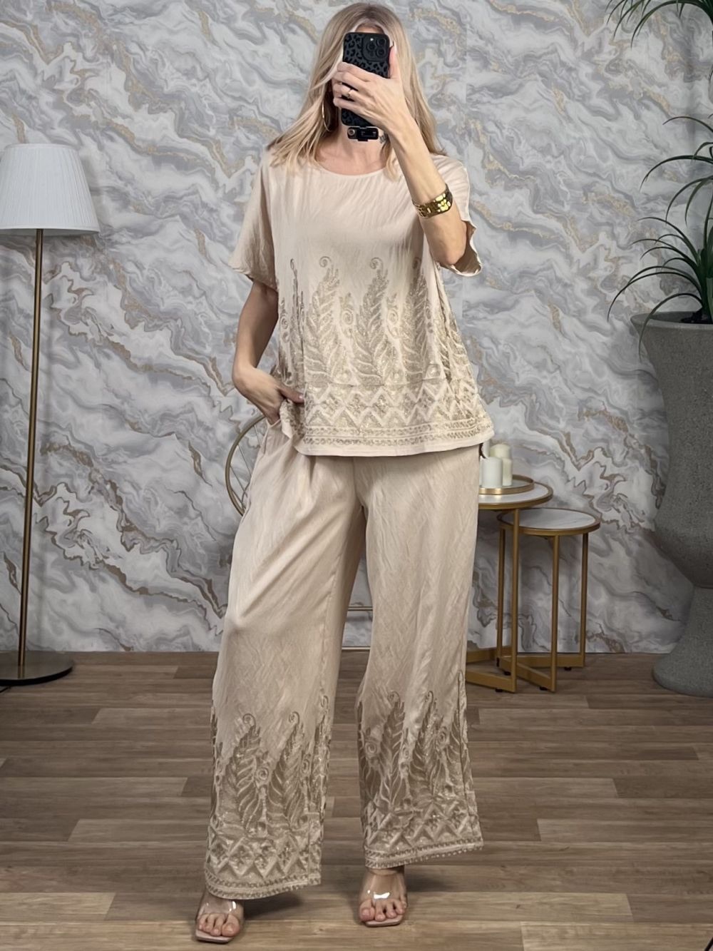 Embroidered Beige Two-Piece Lounge Set